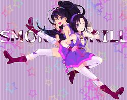 black_eyes black_hair blue_eyes costume earrings ganaha_hibiki grin hairband idolmaster jewelry kikuchi_makoto long_hair ponytail short_hair smile wink wristband 