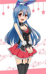  1girl animal_ears black_legwear blue_hair breasts cleavage dice garter_straps highres kurousagi_(mondaiji) mondaiji-tachi_ga_isekai_kara_kuru_sou_desu_yo? open_mouth pink_eyes rabbit_ears thigh-highs 