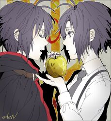  apple black_eyes black_hair closed_eyes dual_persona food fruit ichinose777 idolmaster kikuchi_makoto necktie short_hair 