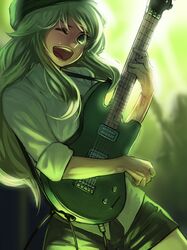  1girl ;d blonde_hair bukimi_isan electric_guitar green_eyes guitar hat hoshii_miki idolmaster instrument long_hair shirt shorts solo sweat 