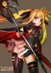  1girl :< belt black_legwear blonde_hair fate_testarossa gloves grey_background highres long_hair lyrical_nanoha mahou_shoujo_lyrical_nanoha pleated_skirt red_eyes rough simple_background skirt solo staff taishi_(artist) thigh-highs twintails weapon 