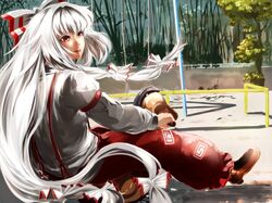  1girl armband bamboo day fujiwara_no_mokou fuyunotete hair_ribbon highres lips long_hair long_sleeves looking_away nose ofuda open_mouth outdoors pants playground railing red_eyes ribbon rocking_horse shadow solo suspenders swing touhou tree very_long_hair white_hair 