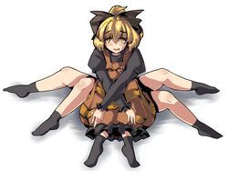  1girl black_legwear blonde_hair blush bow hair_bow kurodani_yamame multiple_legs open_mouth short_hair touhou umakatsuhai 