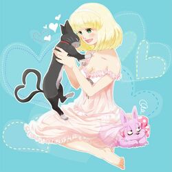 1girl ao_no_exorcist artist_request bare_legs barefoot blonde_hair blush bob_cut cat dress feet kuro_(ao_no_exorcist) lowres mephisto_pheles moriyama_shiemi smile sundress 