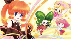  4girls :o artist_request blonde_hair blue_eyes bow bowtie chibi creature gloves green_eyes green_hair hair_bow hairband hana_no_mahoutsukai_mary_bell haneoka_meimi hat kaitou_saint_tail long_hair low-tied_long_hair mahou_no_princess_minky_momo mary_bell minky_momo multiple_crossover multiple_girls orange_hair pink_hair ponytail ribbon saint_tail short_hair skirt socks star timon_(yadamon) top_hat yadamon yadamon_(character) 