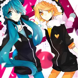  2girls aqua_eyes aqua_hair blonde_hair dango food hatsune_miku heart highres hoodie kagamine_rin long_hair multiple_girls pantyhose short_hair twintails very_long_hair vocaloid wagashi yellow_eyes yuge 