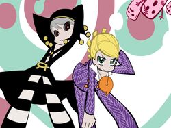  2boys black_sclera blonde_hair blue_eyes formal jewelry jojo_no_kimyou_na_bouken metallica_(stand) multiple_boys necklace panty_&amp;_stocking_with_garterbelt parody posing prosciutto red_eyes risotto_nero stand_(jojo) striped striped_pants style_parody suit ukihashi 