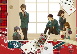  2boys 3girls asahina_mikuru bow brown_eyes brown_hair card hair_bow hairband hiko koizumi_itsuki kyon long_hair multiple_boys multiple_girls nagato_yuki orange_hair playing_card purple_hair school_uniform short_hair suzumiya_haruhi suzumiya_haruhi_no_yuuutsu 