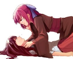  2girls black_hair cldn eye_contact hairband hand_on_another's_face japanese_clothes kohaku looking_at_another maid multiple_girls redhead ribbon short_hair tears tohno_akiha tsukihime 