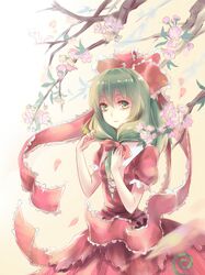  1girl a_luo butterfly_on_hand cherry_blossoms dress front_ponytail green_eyes green_hair hair_ribbon highres kagiyama_hina looking_at_viewer petals puffy_sleeves red_dress ribbon short_sleeves solo touhou tree 
