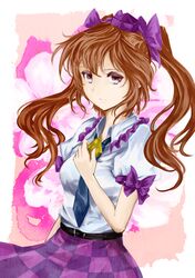  1girl artist_request belt brown_eyes brown_hair cellphone checkered checkered_skirt hand_on_own_chest himekaidou_hatate necktie phone skirt solo touhou twintails 