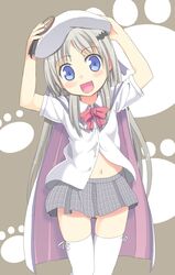  1girl blue_eyes blush_stickers little_busters! long_hair navel noumi_kudryavka open_clothes open_shirt pizanuko plaid plaid_skirt school_uniform silver_hair skirt thigh-highs 