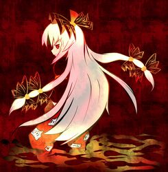  1girl angry bow fujiwara_no_mokou hair_bow hair_ribbon hands_in_pockets long_hair looking_back pants red red_eyes ribbon silver_hair solo teeth touhou very_long_hair 