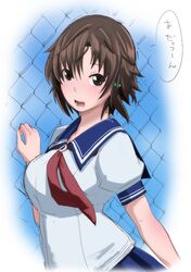  1girl blush brown_eyes brown_hair eroquis fence hair_ornament hairpin masaki_nonoka open_mouth photokano puffy_sleeves short_hair short_sleeves solo translation_request 