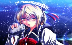  1girl blonde_hair frills gem hat highres lunasa_prismriver microphone nekominase orange_eyes solo touhou 