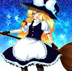  1girl black_legwear blonde_hair braid broom fang fingerless_gloves gloves hane_(hanegoya) hat hat_ribbon kirisame_marisa long_hair ribbon side_braid solo star touhou witch_hat yellow_eyes 