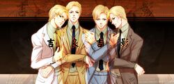  4boys blonde_hair changye formal jojo_no_kimyou_na_bouken kira_yoshikage multiple_boys multiple_persona necktie suit 