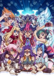  6+boys 6+girls ^_^ astral_(yuu-gi-ou_zexal) blonde_hair blood blue_eyes blue_hair bow boy_on_top character_request closed_eyes dress fingerless_gloves frills gloves green_hair hair_bow jewelry long_hair lying multiple_boys multiple_girls necklace open_mouth orange_eyes pink_hair purple_hair raku_(howdy) skirt tsukumo_yuma v very_long_hair violet_eyes wink yellow_eyes yuu-gi-ou yuu-gi-ou_zexal 