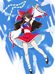  1girl :o black_hair bow detached_sleeves gohei hair_bow hair_tubes hakurei_reimu highres long_hair navel red_eyes skirt solo tajima_yuuki touhou white_legwear 