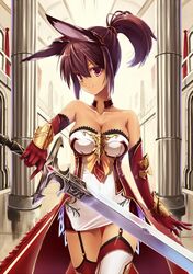  1girl animal_ears breasts brown_hair cleavage elbow_gloves fox_ears gloves ponytail red_legwear short_ponytail sword tagme taletale thigh-highs tubetop weapon 