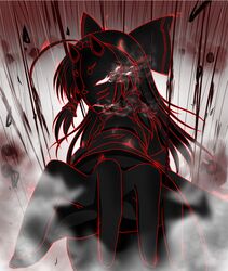  1girl ahoge fox_mask glowing glowing_eyes hair_tubes hakurei_miko huge_ahoge long_hair m.u.g.e.n mask monochrome nontraditional_miko original outstretched_hand senra_banshou smoke solo touhou 
