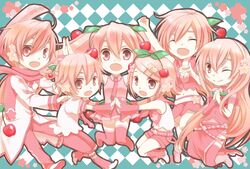  belt boots checkered checkered_background cherry detached_sleeves flower food fruit hair_flower hair_ornament hairclip hands_together hatsune_miku jumping kagamine_len kagamine_rin kaito long_hair megurine_luka meiko midriff navel necktie open_mouth pink_eyes pink_hair sakura_kaito sakura_len sakura_luka sakura_meiko sakura_miku sakura_rin scarf short_hair skirt smile so_(gilgamesnight) thigh-highs thigh_boots very_long_hair vocaloid wink 