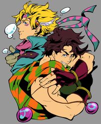  2boys black_hair blonde_hair blue_eyes blue_jacket bola_(weapon) brown_hair bubble caesar_anthonio_zeppeli facial_mark feathers fingerless_gloves gloves headband jacket jojo_no_kimyou_na_bouken joseph_joestar_(young) kayu_(kayu708) multiple_boys scarf striped striped_scarf 