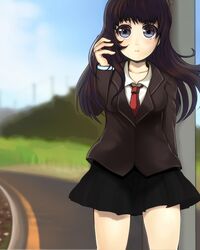  1girl blue_eyes brown_hair ginji74 jacket long_hair necktie original skirt sky smile solo 