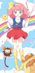  1girl :o artist_request bird boots candy_cane dog green_eyes hairband hand_on_hip jewelry mahou_no_princess_minky_momo minky_momo mocha_(minky_momo) monkey necklace pink_hair pipiru_(minky_momo) rainbow ribbon shindobukku_(minky_momo) short_hair skirt wand 