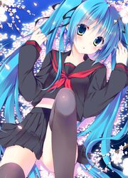  1girl black_legwear blue_eyes blue_hair cherry_blossoms hatsune_miku highres legs long_sleeves sakura_hanpen school_uniform serafuku skirt tagme thigh-highs twintails vocaloid 