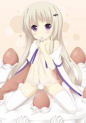 1girl cake camisole cape food fruit hat highres little_busters! long_hair mizunashi_tomo noumi_kudryavka panties silver_hair strawberry thighhighs underwear violet_eyes