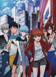  absurdres alternate_costume ayanami_rei building casual city highres ikari_shinji makinami_mari_illustrious nagisa_kaworu neon_genesis_evangelion official_art rebuild_of_evangelion scan shikinami_asuka_langley smile souryuu_asuka_langley 