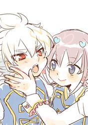  2boys blush cosplay hair_ornament hakuryuu_(inazuma_eleven) heart inazuma_eleven_(series) inazuma_eleven_go male multicolored_hair multiple_boys open_mouth red_eyes shuu_(inazuma_eleven) simple_background smile tagme tobi_(one) two-tone_hair white_background 