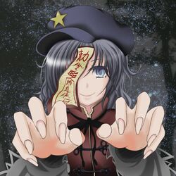  1girl blue_eyes fangs hat long_fingernails miyako_yoshika ofuda outstretched_arms smile star tagme touhou yoitosui 