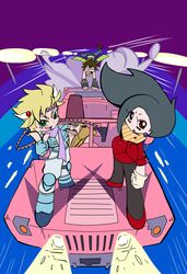  1girl 3boys black_hair blue_jacket brown_hair caesar_anthonio_zeppeli car highres jacket jojo_no_kimyou_na_bouken joseph_joestar_(young) lisa_lisa messina_(jojo) motor_vehicle multiple_boys panty_&amp;_stocking_with_garterbelt parody scarf style_parody ukihashi vehicle 