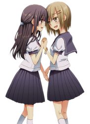  2girls :d backlighting black_hair blonde_hair brown_eyes eye_contact hair_ornament hairclip holding_hands interlocked_fingers kneehighs long_hair looking_at_another multiple_girls nananeko open_mouth original school_uniform short_hair skirt smile white_background white_legwear yuri 