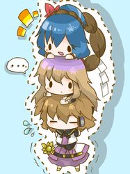  3girls blue_hair brown_hair chibi closed_eyes dress earmuffs gradient_hair hijiri_byakuren multicolored_hair multiple_girls oshaki solid_circle_eyes sword symposium_of_post-mysticism touhou toyosatomimi_no_miko weapon yasaka_kanako 