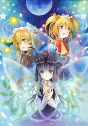  3girls ascot black_hair blonde_hair blue_eyes blue_rose bow brown_hair capelet dress dress_shirt flower full_moon hair_bow hat highres long_hair luna_child moon mosho multiple_girls night open_mouth ribbon rose shirt short_hair smile star star_sapphire sunny_milk touhou twintails wings yellow_eyes 