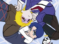  2boys blonde_hair blue_eyes blue_hair danny_(jojo) dio_brando dog halo jojo_no_kimyou_na_bouken jonathan_joestar multiple_boys panty_&amp;_stocking_with_garterbelt parody red_eyes style_parody sweater_vest ukihashi young 
