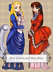  2girls blonde_hair blue_eyes bow brown_hair dress fate/zero fate_(series) formal genderswap hair_bow hair_ribbon kayneth_archibald_el-melloi long_hair mercury multiple_girls ribbon teapotkaede toosaka_tokiomi volumen_hydrargyrum 