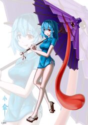  1girl :p absurdres alternate_costume bare_legs blue_eyes blue_hair breasts china_dress chinese_clothes geta heterochromia highres karakasa_obake linse red_eyes short_hair smile solo tatara_kogasa tongue touhou umbrella 