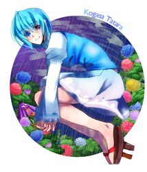  1girl ange ange_(kotonoha_731) bare_legs blue_eyes blue_hair flower geta heterochromia highres karakasa_obake rain red_eyes short_hair skirt smile solo tatara_kogasa tongue touhou umbrella water 