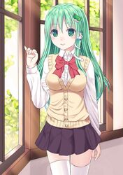  1girl frog green_eyes green_hair ikeda_yuuki kochiya_sanae long_hair school_uniform snake solo thigh-highs touhou 