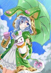  1girl animal_hood blue_eyes blue_hair bow clouds coat date_a_live dress dutch_angle gloves hand_puppet hood kiichi_(picchi0112) looking_at_viewer puppet rabbit rain short_hair sky smile solo stuffed_animal stuffed_bunny stuffed_toy umbrella yoshino_(date_a_live) 