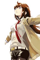  1girl aida_yuu belt blue_eyes brown_hair jacket legwear_under_shorts long_hair makise_kurisu necktie outstretched_arms pantyhose shorts solo spread_arms steins;gate sunlight 