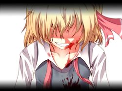  1girl blonde_hair blood blood_on_face blood_stain covered_eyes fang grin hair_ribbon nekotama_shun ribbon rumia short_hair smile solo touhou 