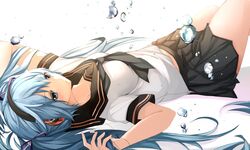  1girl blue_eyes blue_hair hatsune_miku headphones highres long_hair lying mouri0131 on_back school_uniform serafuku skirt solo twintails vocaloid water white_background 