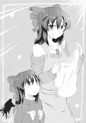  2girls alternate_costume apron bare_shoulders black_hair bow child comic hair_bow highres jewelry kokuu_haruto long_hair monochrome mother_and_daughter multiple_girls necklace original reiuji_utsuho shirt smile sweater touhou wings young 