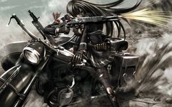  bandages black_hair black_legwear blood bmw goggles green_eyes gun highres injury kouji_oota long_hair machine_gun mg42 motor_vehicle motorcycle original school_uniform shell_casing shotgun sidecar spas-12 thigh-highs tomb_raider torn_clothes vehicle weapon wound 