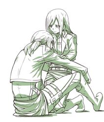  2girls arm_grab boots christa_renz full_body looking_back monochrome multiple_girls shingeki_no_kyojin short_hair sitting three-dimensional_maneuver_gear torinitea ymir_(shingeki_no_kyojin) 